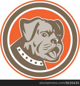 Illustration of a bulldog dog mongrel head mascot showing tongue set inside circle on isolated background done in retro style.. Bulldog Dog Mongrel Head Mascot Circle