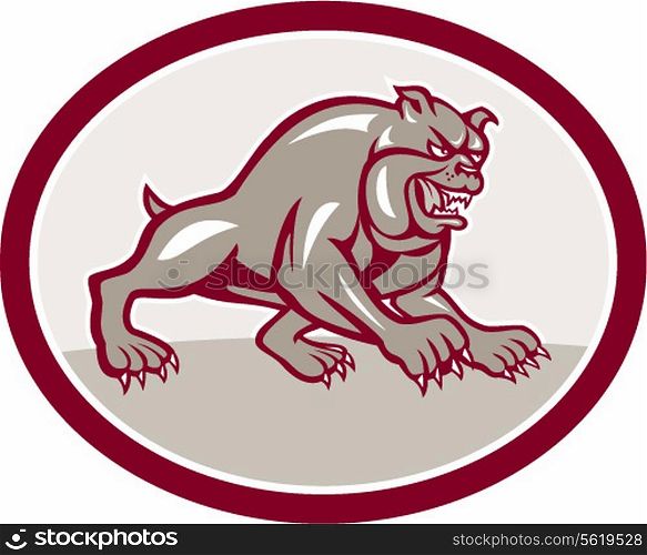 Illustration of a bulldog dog mongrel prowling showing fangs facing set inside oval shape side on isolated white background done in cartoon style. . Bulldog Dog Mongrel Prowling Oval Cartoon