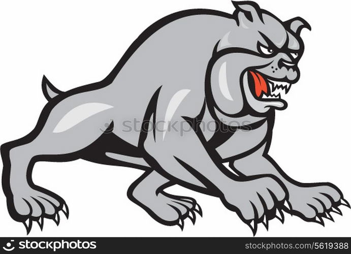 Illustration of a bulldog dog mongrel prowling showing fangs facing side on isolated white background done in cartoon style. . Bulldog Dog Mongrel Prowling Cartoon