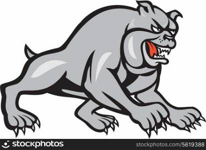 Illustration of a bulldog dog mongrel prowling showing fangs facing side on isolated white background done in cartoon style. . Bulldog Dog Mongrel Prowling Cartoon