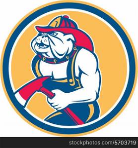 Illustration of a bulldog fireman firefighter holding axe facing side set inside circle on isolated background done in retro style. . Bulldog Fireman With Axe Circle Retro