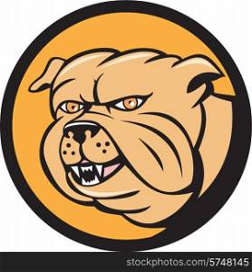 Illustration of a bulldog head looking to the side set inside circle on isolated background done in cartoon style. . Bulldog Head Circle Cartoon
