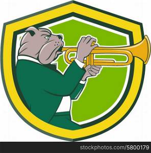 Illustration of a bulldog in a suit blowing trumpet viewed from the side set inside shield crest on isolated background done in cartoon style. . Bulldog Blowing Trumpet Side Shield Cartoon