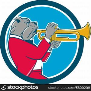 Illustration of a bulldog in a suit blowing trumpet viewed from the side set inside circle on isolated background done in cartoon style. . Bulldog Blowing Trumpet Side Circle Cartoon