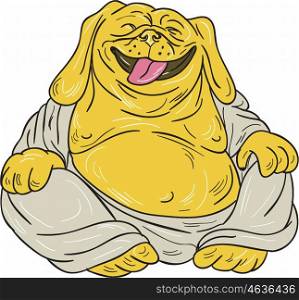 Illustration of a bulldog laughing buddha sitting viewed from front set on isolated white background done in cartoon style. . Laughing Bulldog Buddha Sitting Cartoon