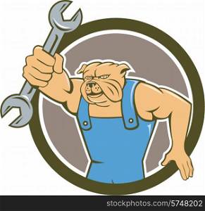Illustration of a bulldog mechanic holding spanner facing front set inside circle done in cartoon style.. Bulldog Mechanic Holding Spanner Circle Cartoon