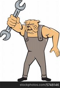 Illustration of a bulldog mechanic standing holding spanner facing front set on isolated white background done in cartoon style.. Bulldog Mechanic Spanner Standing Cartoon