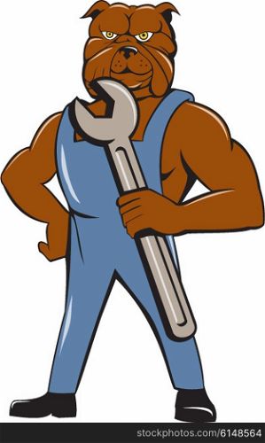 Illustration of a bulldog mechanic wearing overalls standing holding wrench viewed from front set on isolated white background done in cartoon style.. Bulldog Mechanic Holding Wrench Cartoon