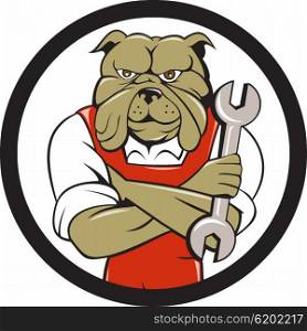 Illustration of a bulldog mechanic with arms crossed holding spanner facing front set inside circle on isolated background done in cartoon style.. Bulldog Mechanic Arms Crossed Spanner Circle Cartoon