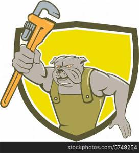 Illustration of a bulldog plumber holding monkey wrench facing front set inside shield crest on isolated background done in cartoon style.. Bulldog Plumber Monkey Wrench Shield Cartoon