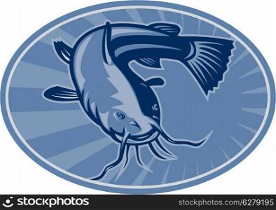 Illustration of a bullhead catfish fish swimming front set inside ellipse done in retro woodcut style.. Bullhead Catfish Retro Woodcut