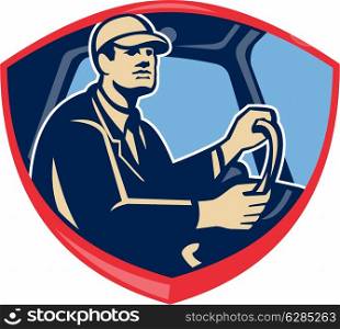 Illustration of a bus or truck driver driver inside vehicle viewed from side set inside shield crest done in retro style.. Bus Truck Driver Side Shield