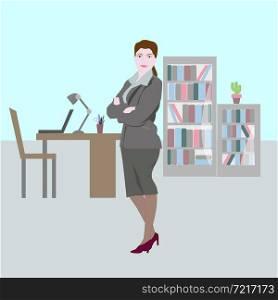 Illustration of a business lady in the office against the background of business elements. Business lady in the office