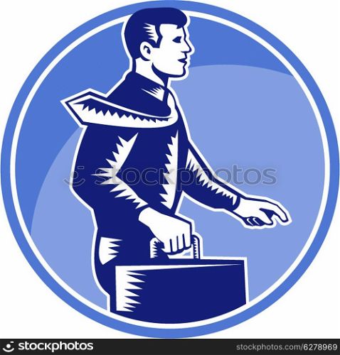Illustration of a businessman carrying attache case walking side view done in retro woodcut style set inside circle.. Businessman Carry Attache Case Walking Side Woodcut