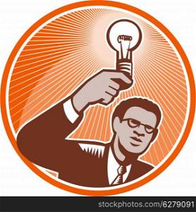 Illustration of a businessman facing front holding up a lightbulb light bulb incandescent lamp light done in retro woodcut style set inside circle.. Businessman Holding Lightbulb Woodcut
