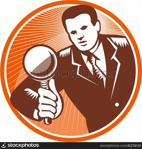 Illustration of a businessman facing front looking holding magnifying glass lens done in retro woodcut style set inside circle.. Businessman Holding Looking Magnifying Glass Woodcut