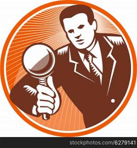 Illustration of a businessman facing front looking holding magnifying glass lens done in retro woodcut style set inside circle.. Businessman Holding Looking Magnifying Glass Woodcut