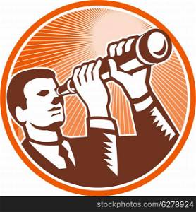 Illustration of a businessman facing front looking holding telescope lens done in retro woodcut style set inside circle.. Businessman Holding Looking Telescope Woodcut