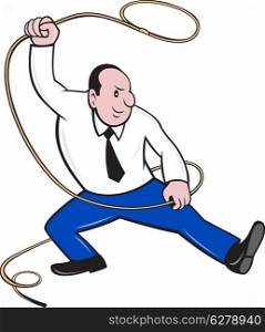 illustration of a businessman holding a lasso rope done in cartoon style on isolated background. Businessman Holding Lasso Rope