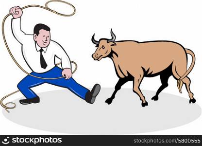Illustration of a businessman holding a lasso trying to catch a bull set on isolated white background done in cartoon style. . Businessman Holding Lasso Bull Cartoon