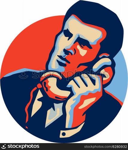 Illustration of a businessman in suit and tie on phone talking on vintage telephone facing front set inside circle done in retro style.. Businessman Talk Telephone Retro