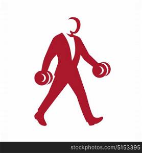 Illustration of a businessman Man in Suit Walking With Dumbbell side view in Silhouette retro style.. Man in Suit Walking With Dumbbell Silhouette