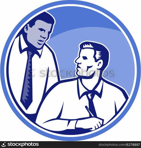Illustration of a businessman office worker facing front writing on desk table with black colleague in background done in retro woodcut style set inside circle.. Office Worker Businessman Writing Woodcut