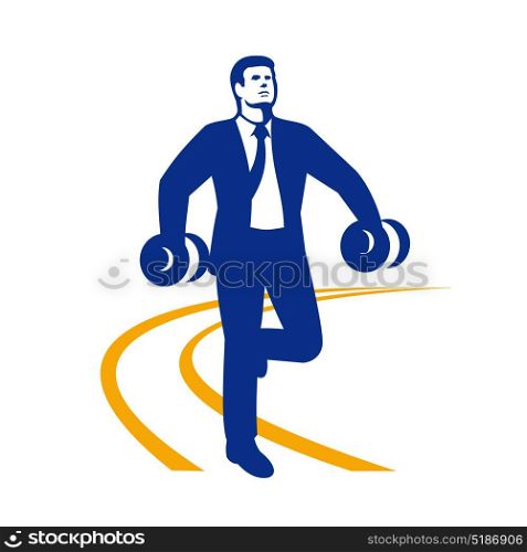 Illustration of a Businessman office worker in suit coat and tie Power Walking with Dumbbells on both hands done in Retro style.. Businessman Power Walking Dumbbells Retro