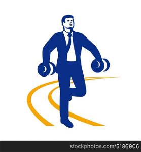 Illustration of a Businessman office worker in suit coat and tie Power Walking with Dumbbells on both hands done in Retro style.. Businessman Power Walking Dumbbells Retro
