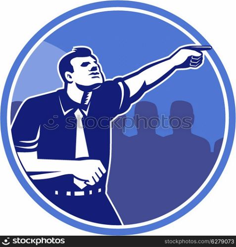 Illustration of a businessman pointing forward viewed from side with crowd of people in background set inside circle done in retro woodcut style.. Businessman Pointing Forward Woodcut