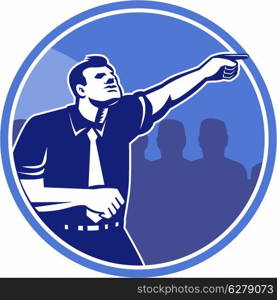 Illustration of a businessman pointing forward viewed from side with crowd of people in background set inside circle done in retro woodcut style.. Businessman Pointing Forward Woodcut