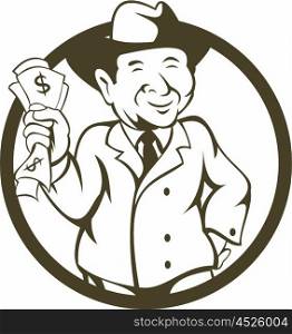 Illustration of a businessman wearing fedora hat clutching bank notes in one hand and the the other hand on hips viewed from the front set inside circle done in cartoon style. . Businessman Fedora Hat Bank Notes Circle Cartoon