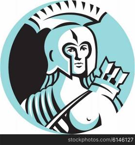 Illustration of a bust of female warrior with spartan helmet with arrows slung over shoulder viewed from front set inside circle done in retro style. . Female Spartan Warrior Circle Retro