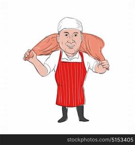 Illustration of a Butcher Carrying Leg of Ham on shoulder front view done in hand drawn sketch Cartoon style.. Butcher Carrying Leg of Ham Cartoon