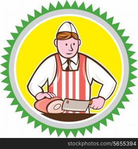 Illustration of a butcher cutter worker holding butcher knife chopping ham set inside rosette shape on isolated background done in cartoon style.. Butcher Chopping Ham Rosette Cartoon