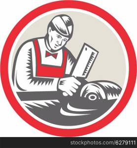 Illustration of a butcher cutter worker with meat cleaver knife facing side set inside circle on isolated background done in retro style.. Butcher Woodcut Circle Retro