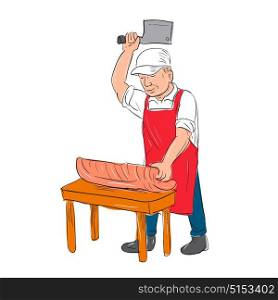 Illustration of a Butcher Cutting Meat on bench done in hand sketch drawing Cartoon style.. Butcher Cutting Meat Cartoon