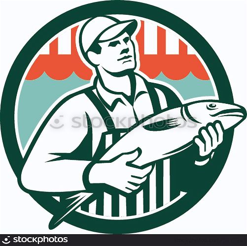 Illustration of a butcher fishmonger worker holding fish set inside circle done in retro style.. Fishmonger Holding Fish Circle Retro
