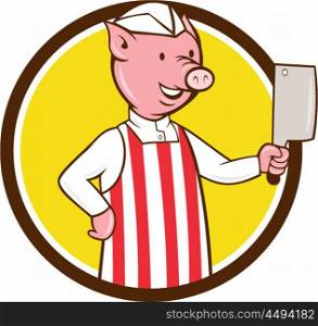 Illustration of a butcher pig holding meat cleaver viewed from front set inside circle on isolated background done in cartoon style. . Butcher Pig Holding Meat Cleaver Circle Cartoon