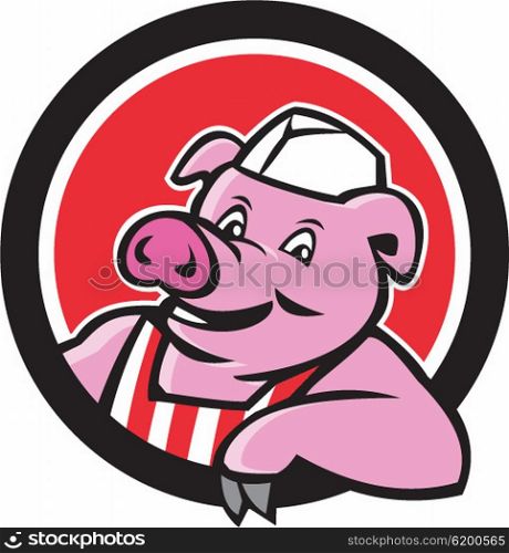 Illustration of a butcher pig leaning facing front set inside circle on isolated background done in cartoon style. . Butcher Pig Leaning Circle Cartoon