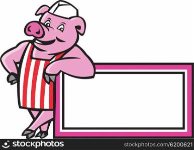 Illustration of a butcher pig standing leaning on a rectangle sign facing front set on isolated white background done in cartoon style. . Butcher Pig Leaning On Sign Cartoon