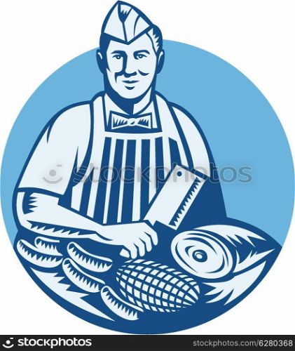 Illustration of a butcher with meat cleaver knife, sausages and meat cuts facing front set inside circle done in retro woodcut style.
