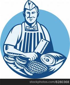 Illustration of a butcher with meat cleaver knife, sausages and meat cuts facing front set inside circle done in retro woodcut style.