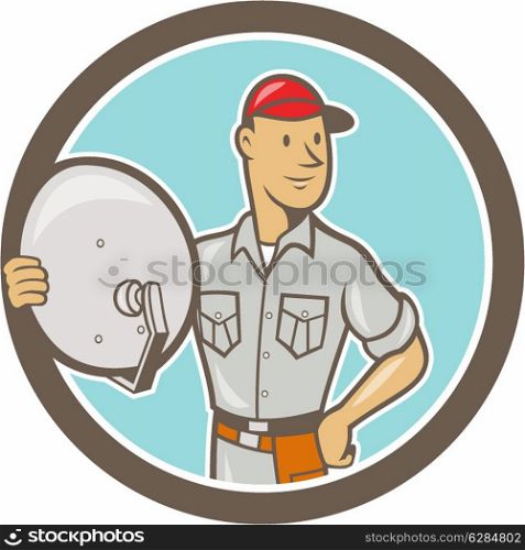 Illustration of a cable tv installer guy holding satellite dish viewed from front set inside circle done in cartoon style on isolated white background.. Cable TV Installer Guy Cartoon