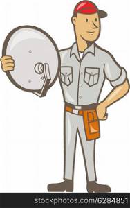 Illustration of a cable tv installer guy holding satellite dish viewed from front done in cartoon style on isolated white background.. Cable TV Installer Guy Standing