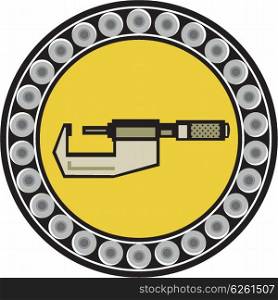 Illustration of a caliper tool set inside ball bearing circle on isolated background done in retro style. . Caliper Ball Bearing Circle Retro