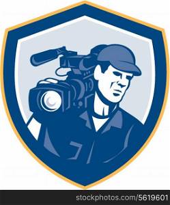 Illustration of a cameraman film crew shooting with hd video movie camera on shoulder set inside shield crest done in retro style on isolated white backgrounbd.. Cameraman Film Crew HD Camera Video Shield Retro