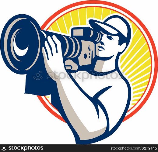 illustration of a cameraman film crew shooting with hd video movie camera set inside circle done in retro style on isolated white background.. Cameraman Film Crew HD Video Camera