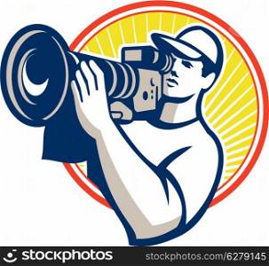 illustration of a cameraman film crew shooting with hd video movie camera set inside circle done in retro style on isolated white background.. Cameraman Film Crew HD Video Camera