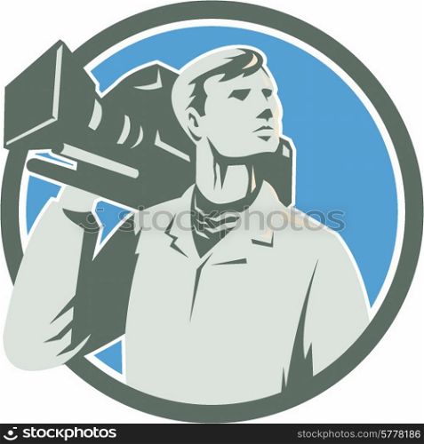 Illustration of a cameraman holding a vintage movie video camera on shoulder looking to the side set inside circle on isolated background done in retro style.. Cameraman Vintage Video Camera Circle Retro